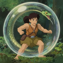 unrealistic studio ghibli dull colors pov shot from close encounters of the third kind 1 9 7 7 of an amazonian warrior warping out of a snake bubble.