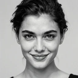 black and white portrait photo of beautiful young female model with black hair pinned up, seductive glance, slight smile, symmetric face, symmetric eyes, natural light, low contrast, photo by Peter Lindbergh, 8K