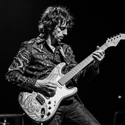 john frusciante playing epic solo, black and white, intricate lines, high detailed, dark energy, one subject, by bartosz kosowski