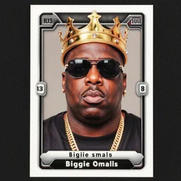 trading card featuring portrait of notorious big, wearing crown and sunglasses, with symmetrical attributes, biggie smalls rap music trading card