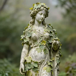 antique female stone statue covered in leaves