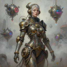 by tom bagshaw, ultra realist vivid soft painting of a carnival of curiosities, single curvy etheral voung steampunk female in a full ornated armor gears, cables, led, flying machinery, partial symmetry accurate features, very intricate details, focus, award winning, ultra dense fog