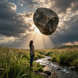 woman standing on creek looking at the mystery rock floating in midair, cinematic view, epic sky, detailed, concept art, low angle, high detail, warm lighting, volumetric, godrays, vivid, beautiful, trending on artstation, by jordan grimmer, huge scene, grass, art greg rutkowski