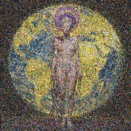 whole body shot of a Woman masterpiece, Tilda Swinton, bald, multiple purple halos, blood dripping down the head, yellow, planet earth in the background, golden halo behind her head, wires everywhere, by Edgar Maxence and Ross Tran, Zdzisław Beksiński, and Michael Whelan, gustav dore, H.R. Giger, 8k, octane render