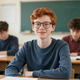 male teen with red hair wearing glasses in a classroom, portrait