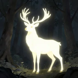 dark trees with a majestic deer glowing in the dark, spirit animal, white an yellow glow, stag in a dark forest, by stanley artgerm lau, wlop, rossdraws, james jean, andrei riabovitchev, marc simonetti, and sakimichan, trending on artstation