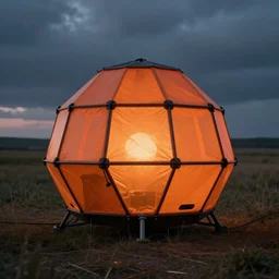 photo of a field of one - man innovative survival pod, orange and black colour palette, generative design, geodesic structure