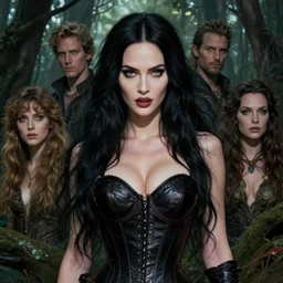 new art nouveau portrait of fantasy succubus maleficent megan fox wearing a leather corset in a forsest, anna dittmann, moebius, wlop, artgerm, patrick nagle, charlie bowater and loish. long windblown hair, very large, clear, expressive, and intelligent eyes, ultrasharp focus, dramatic lighting, photorealistic digital matte painting, intricate.