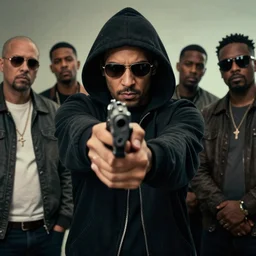 a gangster in a hoodie pointing a gun at the camera, highly detailed, photorealistic, album cover