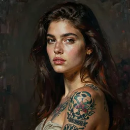 beautiful young woman with tattoos, in the style of irakli nadar, painted by michaelangelo, deep mood, hyperrealism, epic and cinematic