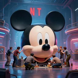 the wide shot of a group of people repairing the head of mickey mouse in hangar, a netflix logo on the background, cyberpunk art by greg rutkowski, cgsociety, retrofuturism, concept art