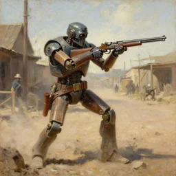 oil painting of old rugged robot bounty hunter in a gunfight in dusty wild west street, art by anders zorn, wonderful masterpiece by greg rutkowski, beautiful cinematic light, american romanticism by greg manchess, jessica rossier