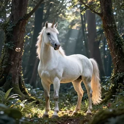 a unicorn in a beautiful and magical forest. photorealistic. luminous. volumetric light. cinematic.