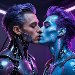hyperrealistic close-up of cyborg man kissing another man with purple hair and pearlescent blue skin dali machiej kuciara very dramatic neon lighting on one side wide angle 35mm shallow depth of field