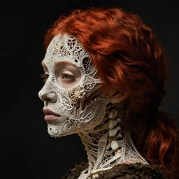 a woman's face in profile, red hair, made of intricate lace skeleton, in the style of the dutch masters and gregory crewdson, dark and moody