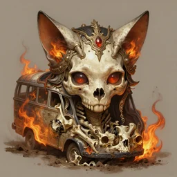 stunning kittenbus as goddess of skull portrait, fire, bones, dirt, fantasy, intricate, elegant, highly detailed, digital painting, artstation, concept art, smooth, sharp focus, illustration, art by afshar petros and krenz cushart and artem demura and tony sandoval