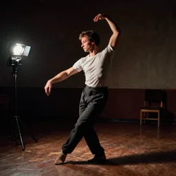 a smudged and textured photograph showing the whole body of a man dancing is a dark room, taken with soviet flash camera at slow shutter speed