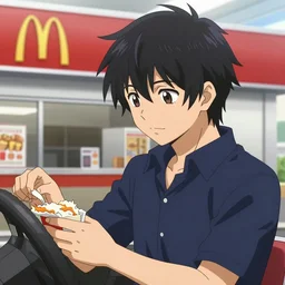initial d stage 1 ryosuke takahashi with black hair wearing a dark blue shirt in a car getting food at mcdonald's drive - through, initial d anime screenshot, initial d anime 1 0 8 0 p, detailed anime face, 1 9 9 8's anime, artstation, high detail