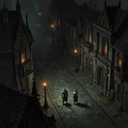 dark town street by bastien lecouffe - deharme and charles bowater, greg rutkowski, adventure game, high angle, inspired by diablo concept art