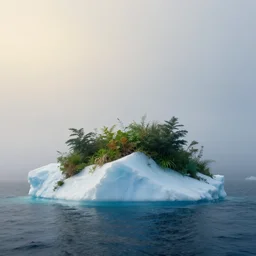 overgrown plants on top of an iceberg, middle of the ocean, morning fog, art by greg rutkowski and wlop, cinematic