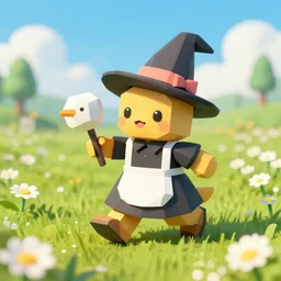 lowpoly ps 1 playstation 1 9 9 9 running anthropomorphic lurantis maid wearing witch hat holding a swadloon standing in a field of daisies, mount coronet in the distance digital illustration by ruan jia on artstation