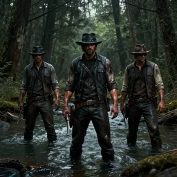 a river in the deep dark woods, criminal activity, three bandits, sweaty and dirty, in the style of red dead redemption concept art, artstation