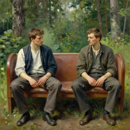 2 attractive men sitting on a coach in forest, painting by vladimir volegov, j. c. leyendecker, tom of finland, trending on artstation
