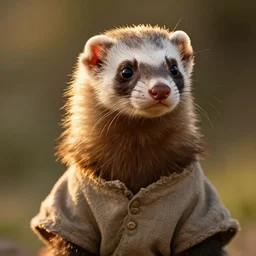a beautiful closeup shot from a fantasy film of a humanoid ferret wearing a loose tunic. an anthropomorphic ferret. portrait. golden hour. rim lighting. joseph ducreux, greg rutkowski.