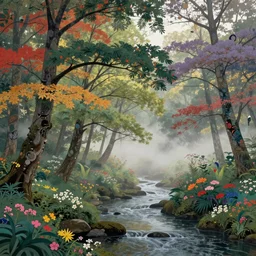 Breath-taking beautiful trees, streams, flowers, and mist, An aesthetically pleasing, dynamic, energetic, lively, complex, intricate, detailed, well-designed digital art of trees, streams, flowers, and mist, early morning, light and shadow, overlaid with aizome patterns, Shin-hanga by Thomas Kinkade and Bob Ross, traditional Japanese colors, superior quality, masterpiece, featured, trending, award winning, HDR, HD, UHD, 4K, 8K, anamorphic widescreen