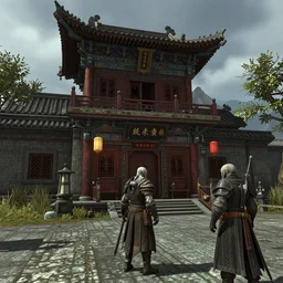 the exterior of a chinese nightclub in the middle of whiterun, 3 dcg, long shot, skyrim, oblivion, morrowind, pc game, gameplay screenshot