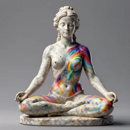3D print marble sculpture of Emma Watson by Jean-Baptiste Carpeaux and Luo Li Rong and Michael James Talbot, yoga meditation pose, beautiful body, perfect symmetrical face, colorful, bright psychedelic colors, bodypaint, acrylic paint splashes, full length shot, elegant, academic art, realistic, 8K, female full-skin figure, Hyperrealism, Subsurface scattering, raytracing, soft light, Octane Render, Redshift, Zbrush
