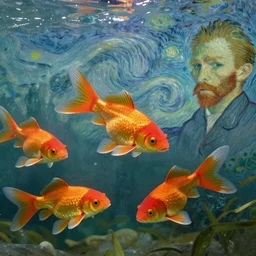 An aesthetically pleasing, dynamic, energetic, lively, well-designed digital art of goldfish in a pond viewed from underwater, light and shadow, chiaroscuro, by Claude Monet and Vincent Van Gogh, superior quality, masterpiece, excellent use of negative space. 8K, superior detail, widescreen.