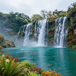 landscape photography, alien sifi waterfalls, high waterfalls and mountains, colorful plants, beautiful lake on the bottom with light reflections, cold lighting, morning hour,, beautiful, kodachrome, 4 k, hd