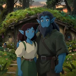 young shaman old elf, man and woman elf couple, dark blue skin, smiling, cute, character portrait, clean face, hobbit village, exterior is moss vegetation lush forest, sunset, evening, concept art, volumetric light moody cinematic epic, rule of thirds | 2 4 mm |, miyazaki, ghibli, corona render, movie concept art, studio ghibli, 8 k