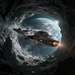 an extraterrestrial spaceship exiting a worm hole to earth, in the style of starship troopers, epic scene, extremely detailed masterpiece, extremely moody lighting, glowing light and shadow, atmospheric, shadowy, cinematic, god lighting
