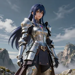 sakimi chan, standing on a mountain, fantasy armor, detailed face, tony sart, unreal engine