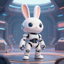 an anthropomorphic rabbit robot with human characteristics, in a futuristic arena, digital art, epic composition, cyberpunk, in the style of john stone, trending on artstation, in the style of jakub rebelka, in the style of jake parker, swirly vibrant colors, explosion of color, highly detailed, sharp focus