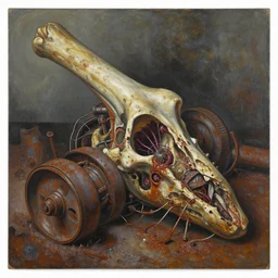 oil paint of flayed fossil, whipping blood turbines, hydrocracking battles, rusted, macerated, eviscerated by fimbria wires, bicornate fungal pit, trash patina sheen rotting, by alberto bontempi, alex ross, shigeru komatsuzaki, wayne d barlowe, alex ross, stefano tamburini, simon bisley & boris