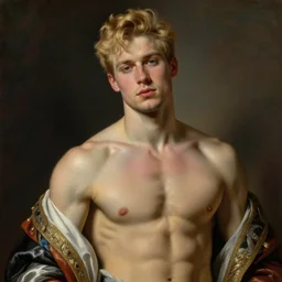 portrait of twink blonde handsome guy, ultra detailed, biceps, beautiful, by greg hildebrandt fancy rococo baroque oil painting high quality with clothes