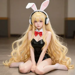 full body shot : a very beautiful young anime girl sitting with bunny headphones, extremely long wavy long blond hair