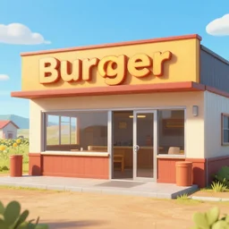 in front of a [ [ [ burger restaurant ] ] ] in a remote outpost, on an alien planet, from a space themed point and click 2 d graphic adventure game, art inspired by mark keathley