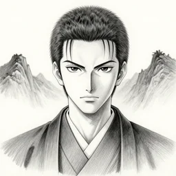 demon samurai warrior , short hair, made by Yusuke Murata, Tomohiro Shimoguchi, Takeshi Obata, Tite Kubo, ArtStation, CGSociety, direct gaze, beautiful face, mountains in the background, perfect composition, symmetrical face,symmetrical eyes, pencil art on paper