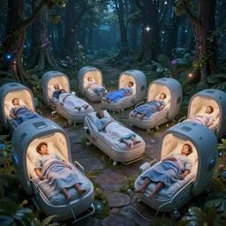cybernetic sleeping pods, diverse humans sleeping in healing pods, humans sleeping in healing pods, wide wide angle, vivid, elaborate, starry forest, highly detailed, beautiful dim lighting