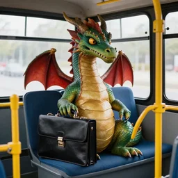 hyper realistic dragon sitting on a bus holding a briefcase