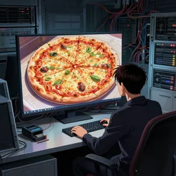 pizza looking at a large desktop with a pizza on it monitor serial experiments lain Lain dennou neon genesis evangelion coil gantz Character Anime Sits at Complex room Office full of wires computer servers databanks vents fans coolant systems looking at a large desktop monitor Ismail Inceoglu Arnold Bocklin Jakub Rebelka dug stanat