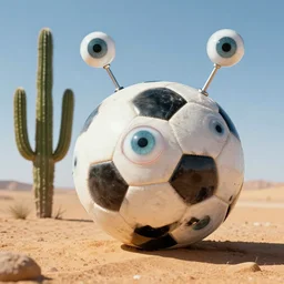magical soccer ball covered with eyes, with two antennas, in the desert next to a cactus, d & d, fantasy, greg rutkowski, frank frazetta, alexandre chaudret, boris vallejo, michael whelan, miro petrov, hr giger, magali villeneuve, donato giancola