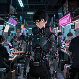 A black market quiet quiet quiet marketplace for illegal cybernetics in the cyberpunk anime film, Shichiro Kobayashi, screenshot in the anime series ergo proxy, neon noir