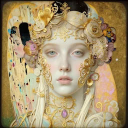 a beautiful girl's face made of ivory and gold filigree, daguerreotype by edward hopper, by Bosch, by klimt, art noveau, highly detailed, strong lights, very decorative, liminal, eerie, Bright pastel colors, octane render, 8k