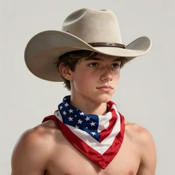 a portrait of a teenager with a cowboy hat on with an American flag scarf, D&D, sci-fi, elegant, hopeful, muscular, highly detailed, digital painting, artstation, concept art, smooth, sharp focus, illustration