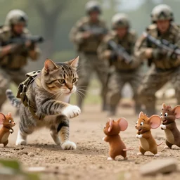 cat army and mouse army fighting, cinematic photo